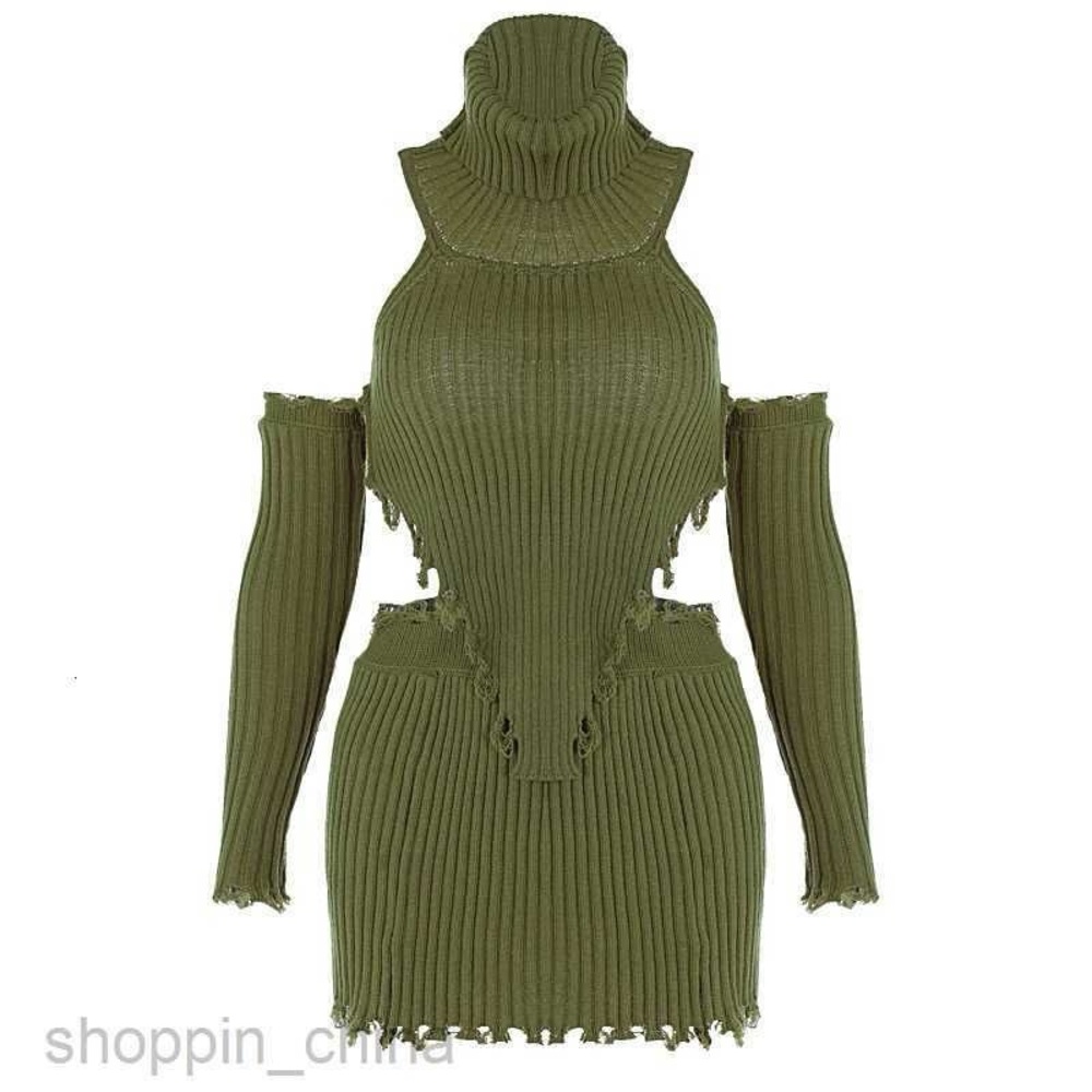 Olive Green Turtleneck Crop Halter Knit Top, Bodycon Skirt and Arm Sleeves